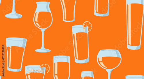 Beverage Glassware Seamless Pattern on Orange Background