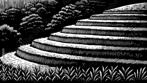A black and white sketch vector of a rice terrace on a hillside background