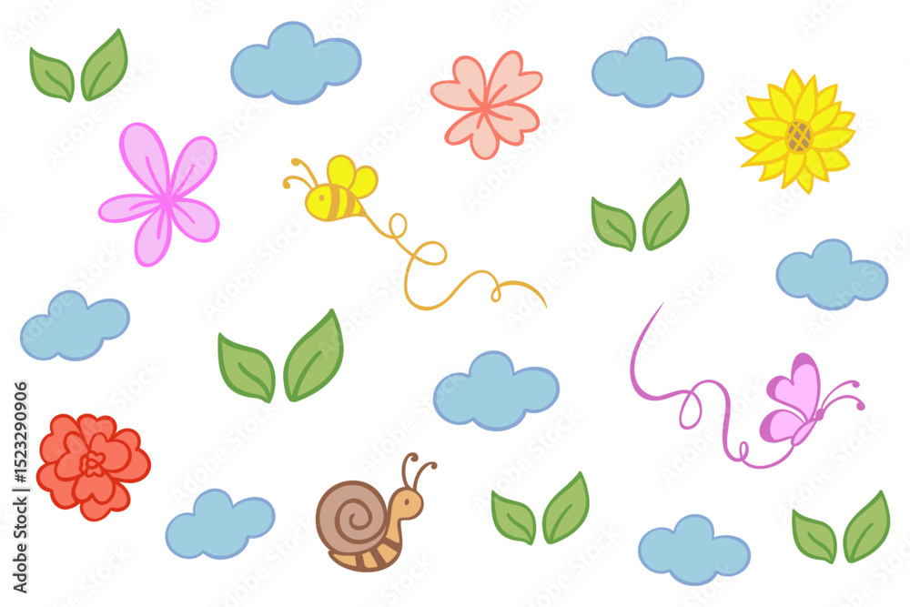 colorful handdrawn doodle shape flower leaves butterfly bee dragonfly cloud snail