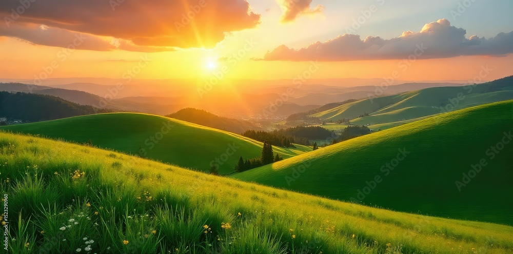 Fototapeta premium Serene vista of a rolling green hill landscape, bathed in the golden light of sunset Perfect for travel, nature, and environmental themes , scenic view, colors