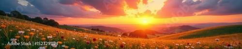 A vibrant sunrise paints the sky, illuminating a carefree landscape of rolling hills and wildflowers, conveying a sense of boundless energy and effortless joy , bright, wildflowers, summer