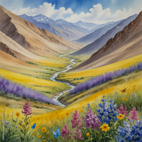 Watercolor of a wildflower-filled valley in the Altai Mountains, Mongolia, where colorful butterflies flit above bright yellow and purple blooms under a crisp blue summer sky.