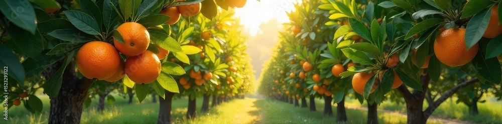 Obraz premium Sun-drenched grove of orange trees, vibrant citrus fruits hanging heavy on branches, lush green foliage, dappled sunlight filtering through leaves, peaceful idyllic scene , autumn, trees