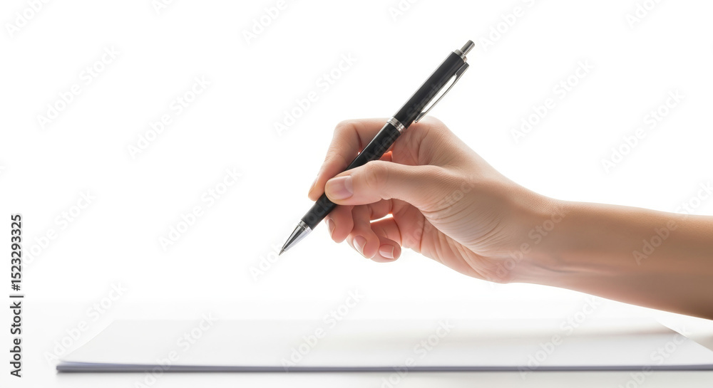 Hand holding pen ready to write on blank paper with white background Hand holding pen ready to write on blank paper with white background