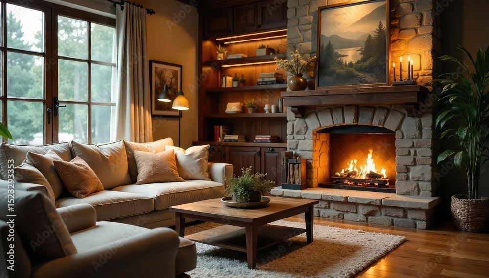 Warm, inviting living room interior with fireplace, plush sofa, soft lighting, and comforting textures Perfect for relaxation and home ambiance themes , interior design, textures, warm Warm, inviting living room interior with fireplace, plush sofa, soft lighting, and comforting textures Perfect for relaxation and home ambiance themes , interior design, textures, warm