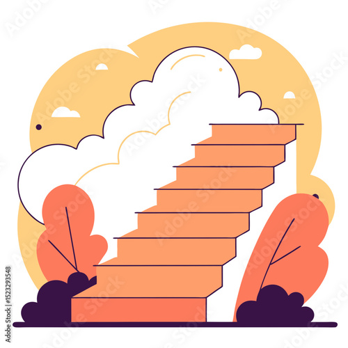 A cartoon drawing of a staircase with clouds in the background. The staircase is orange and white, and the clouds are white and fluffy. Scene is peaceful and serene, as the clouds