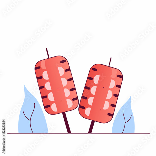 Two skewers of food are on a white background. The skewers are red and have a design on them