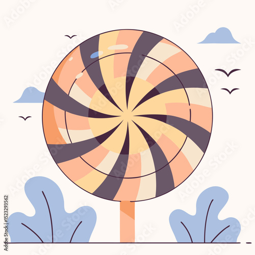 A candy cane with a swirl design is shown in a field with trees and birds flying in the sky