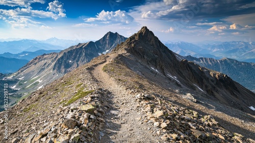 Zenith peak mountain dramatic rocky path leading to summit bright daylight panoramic landscape inspiring adventure clarity crisp air majestic heights natural wonder