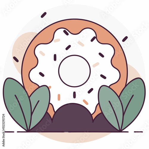 A donut with sprinkles on top and green leaves surrounding it. The donut is the main focus of the image, and the green leaves add a touch of nature and freshness to the scene