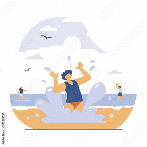 A man is splashing in the ocean with other people nearby. The scene is lively and fun, with the man in the center of the splash and others watching or participating. The ocean is a beautiful backdrop