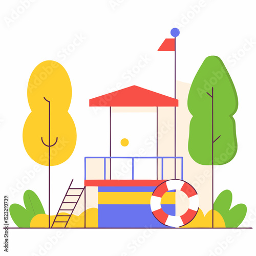 A cartoon drawing of a house with a red roof and a yellow and green tree in front of it
