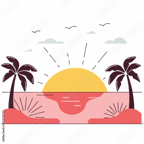A drawing of a beach with palm trees and a sunset. Scene is peaceful and relaxing