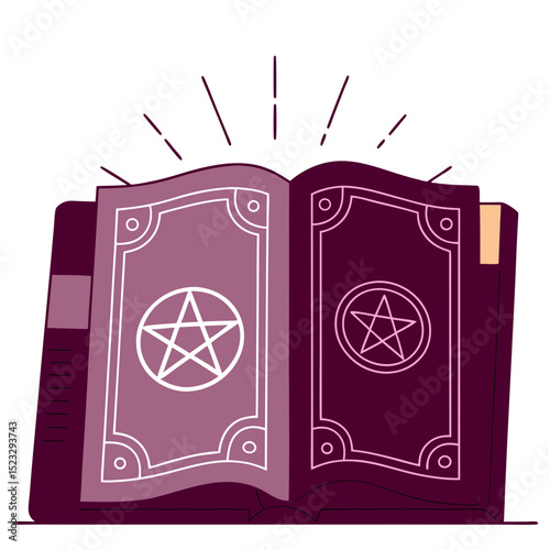 A book with a purple cover and a white background. The book is open to a page with a dollar sign and a pentacle