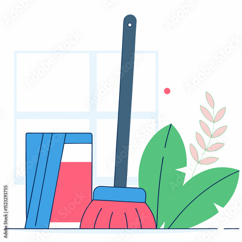 A red and blue cleaning brush is next to a red and blue bucket. The brush is leaning against the bucket, and the bucket is sitting on a surface. Concept of cleanliness and organization, as the brush