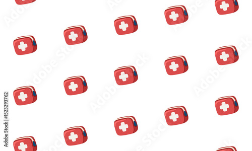 Seamless pattern with red first aid kit with white cross. Cartoon vector on white background