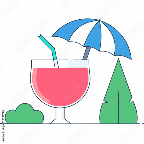 A glass of red drink with a straw and a blue and white umbrella. The drink is in a tall glass and the umbrella is above it. The scene is set outdoors, with a tree in the background
