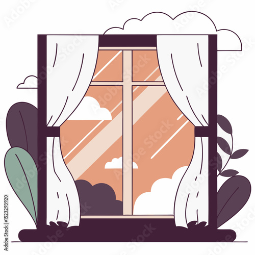 A window with white curtains and a cross hanging from it. The curtains are drawn, and the window is open, letting in a cool breeze. The scene is peaceful and serene, with the cross symbolizing hope