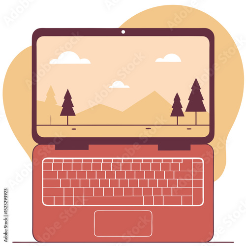 A laptop screen shows a mountain range with trees in the foreground. The image has a peaceful and serene mood, with the trees and mountains creating a sense of calm and tranquility