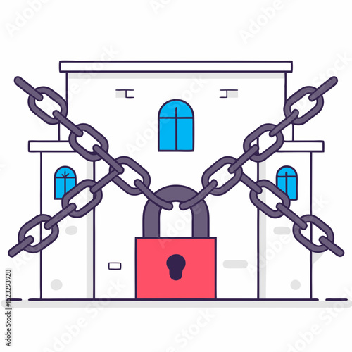 A building with a red lock on it and chains around it. The building is locked and the chains are preventing anyone from entering