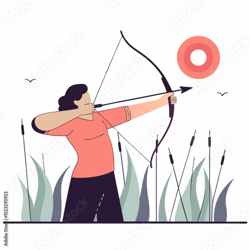 A woman is drawing a bow and arrow. The arrow is pointing to the right. The woman is wearing a red shirt