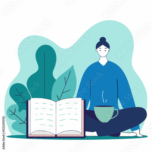 A woman is sitting on the ground with a book in front of her. She is holding a cup of coffee. Concept of relaxation and leisure, as the woman enjoys her book and coffee in a peaceful setting