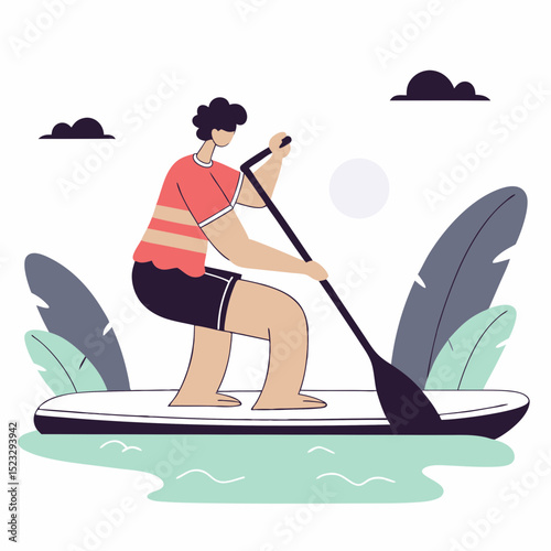 A man is paddling a surfboard on a lake. The scene is peaceful and serene, with the man enjoying the calm waters and the beauty of nature