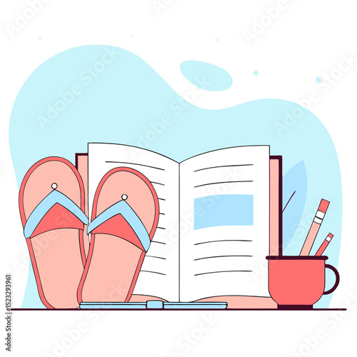 A book is open on a table with a pair of flip flops and a cup. The image conveys a relaxed and leisurely atmosphere