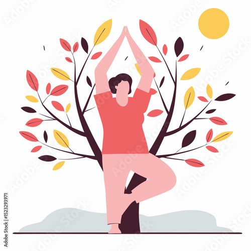 A woman is doing yoga in front of a tree. The tree is full of leaves and branches, and the sun is shining on it. The woman is in a red shirt and pink pants
