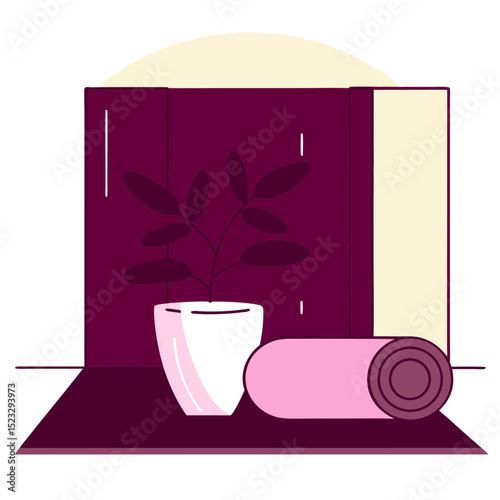 A white vase with a plant in it sits on a table next to a pink yoga mat. The vase is filled with water and the plant is a small, green fern. The yoga mat is rolled up and placed on the table