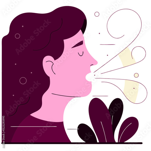 A woman with a purple shirt is blowing her nose. Concept of discomfort and illness