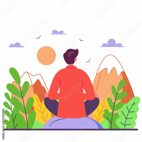 A man is sitting on a rock in a forest, looking up at the sky. The sky is filled with clouds and the sun is setting. The man is in a peaceful and contemplative mood