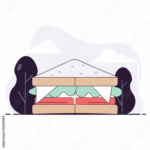 A cartoon drawing of a sandwich with a white cloth covering it. The sandwich is cut in half and has a red and green topping. Scene is lighthearted and playful