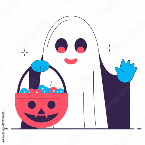 A ghost is holding a basket of candy and waving. The ghost is smiling and he is happy