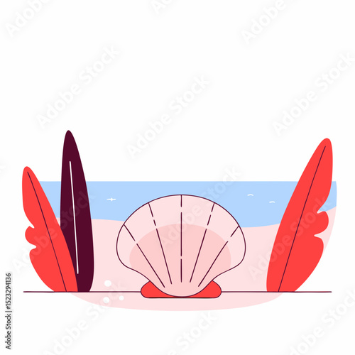 A cartoonish drawing of a shell on a beach with a surfboard in the background. The shell is surrounded by a few leaves and a surfboard. Scene is lighthearted and playful, with the shell