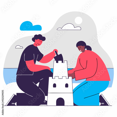 A man and a woman are building a sand castle together. The man is kneeling down while the woman is sitting on the ground. Scene is playful and fun