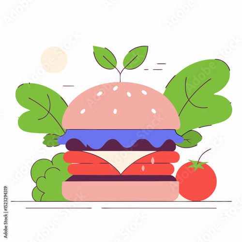 A cartoon drawing of a hamburger with a leaf on top. The burger is surrounded by a variety of vegetables, including a tomato. The image conveys a healthy and fresh vibe