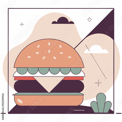 A cartoon drawing of a hamburger with lettuce and tomato on top. The burger is large and he is very tasty