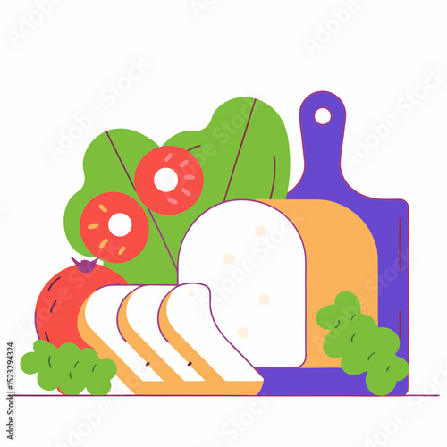 A colorful assortment of fruits and vegetables, including tomatoes, grapes, and bread, are arranged on a cutting board