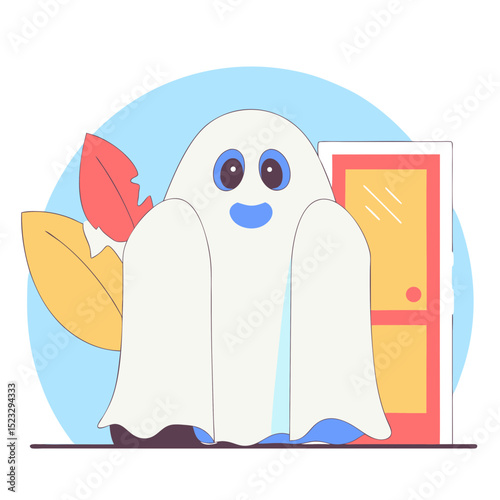 A ghostly figure with a blue mouth and a white body stands in front of a door. The ghostly figure is wearing a white sheet and he is smiling
