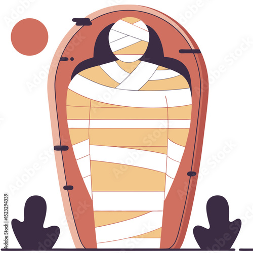 A man is wrapped in bandages and is standing in a coffin. The image has a creepy and eerie mood, as if the man is trapped or buried alive