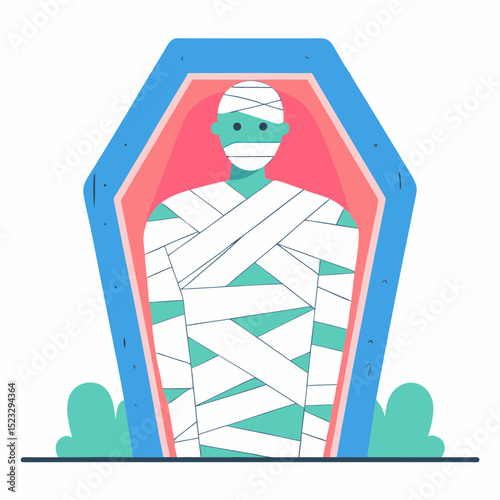 A man is wrapped in bandages and is standing in a coffin. The coffin is blue and red