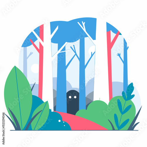 A forest scene with a small figure in the middle of the woods. The figure is looking at the camera, and the trees are green and brown. Scene is mysterious and eerie