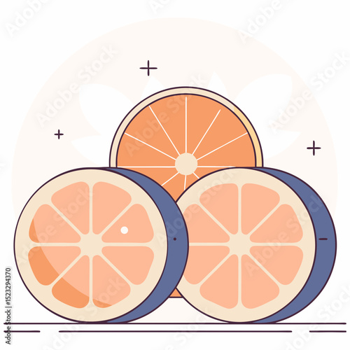 Three oranges are sliced and placed on a white background. The oranges are orange and blue, and they are arranged in a way that creates a sense of depth and dimension