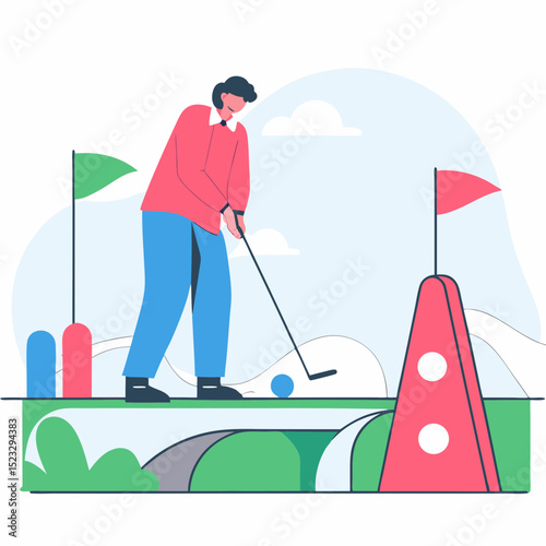 A man in a red shirt is playing golf. He is standing on a bridge and is about to hit a golf ball with his club