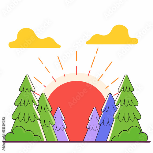 A forest with trees and a red sun in the sky. The sun is setting and the sky is filled with clouds