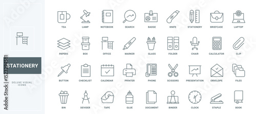 Outline business graph on presentation and calendar symbols, file in folder and paper documents, laptop and desk, tea cup. Office stationery thin black and red line icons set vector illustration