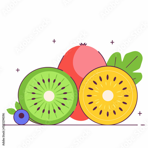 A close up of a kiwi and a mango. The kiwi is cut in half and the mango is cut in half as well. The fruit is surrounded by green leaves