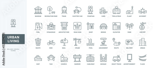 Gas station and construction crane, house and factory, skyscrapers and store thin black outline symbols vector illustration. City buildings, town infrastructure and transport line icons set.