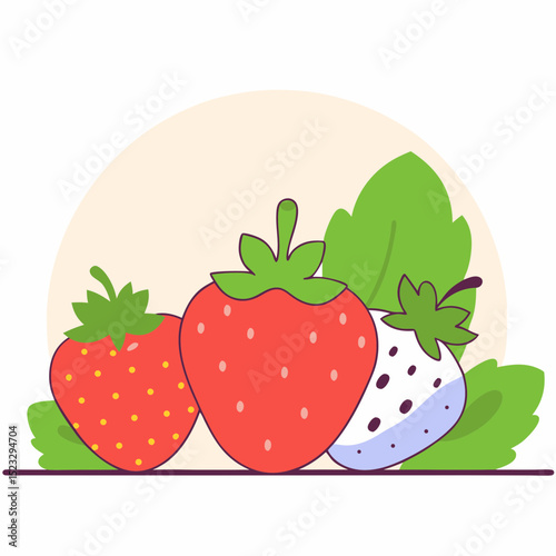 Three strawberries are shown in a row, with one of them being blue and white. The image has a bright and cheerful mood, with the strawberries being the main focus